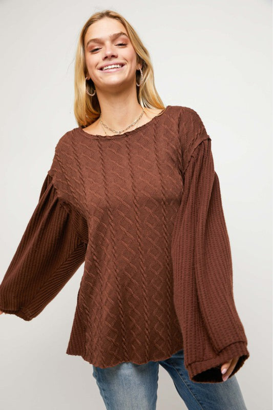 Davi & Dani Full Size Waffle-Knit Round Neck Top