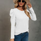 Waffle-Knit Puff Sleeve Round Neck Top