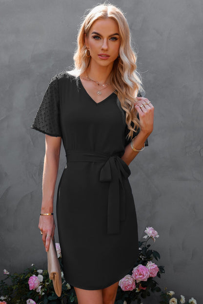 Swiss Dot Mesh Sleeve Tie-Waist Dress