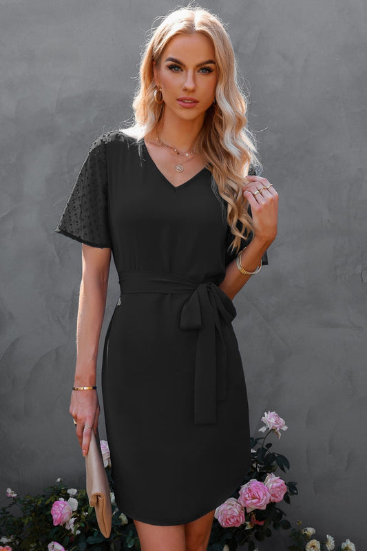 Swiss Dot Mesh Sleeve Tie-Waist Dress