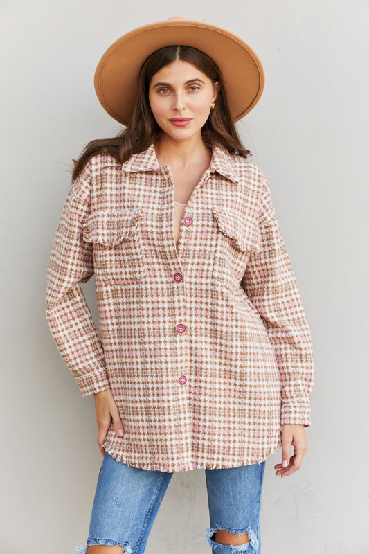 Davi & Dani Full Size Plaid Curved Raw Hem Shacket