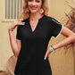 Contrast Trim Pom-Pom Detail Notched Neck Blouse