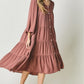 Davi & Dani Button Front Balloon Sleeve Tiered Midi Dress