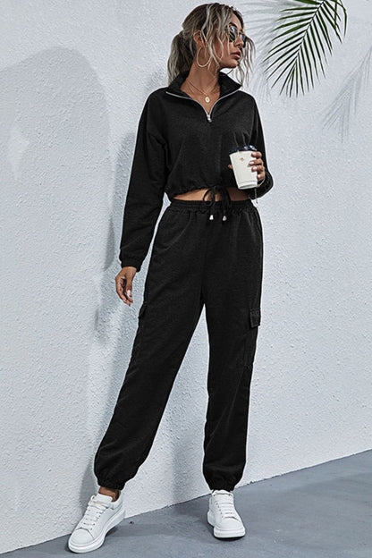 Drawstring Hem Cropped Sweatshirt and Cargo Joggers Set