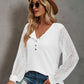 Waffle-Knit Lace Lantern Sleeve Henley Top