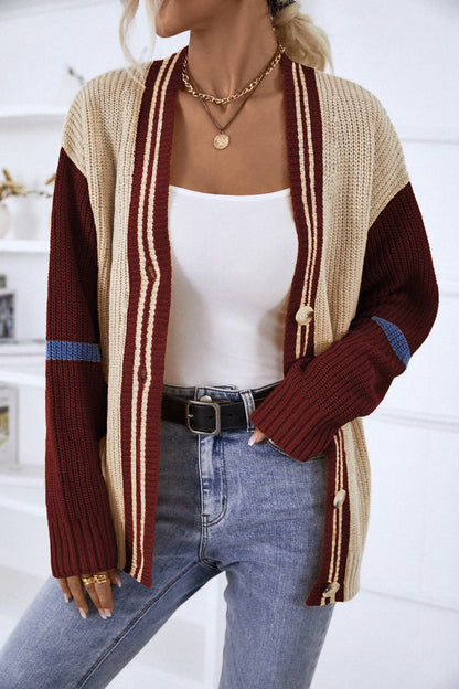 Striped Color Block Button-Up Cardigan