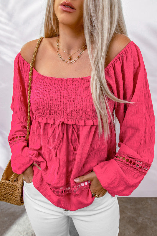 Smocked Frill Trim Openwork Balloon Sleeve Top