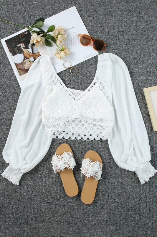 Spliced Lace Lantern Sleeve Cropped Top