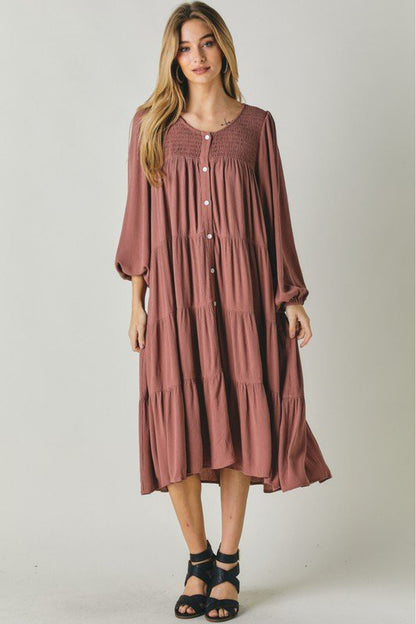 Davi & Dani Button Front Balloon Sleeve Tiered Midi Dress