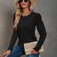 Waffle-Knit Puff Sleeve Round Neck Top