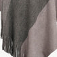 Color Block Fringe Hem V-Neck Poncho