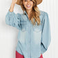 Davi & Dani Sitting Fireside Full Size Button Down Denim Shirt