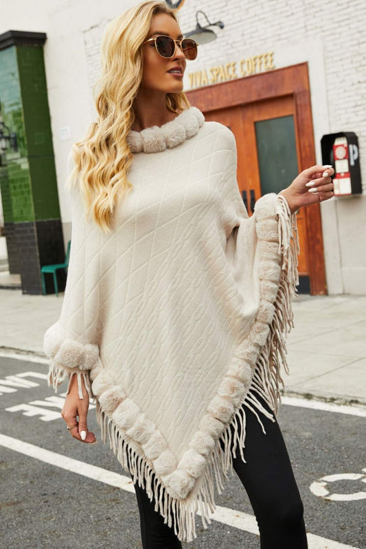 Faux Fur Trim Fringe Detail Poncho