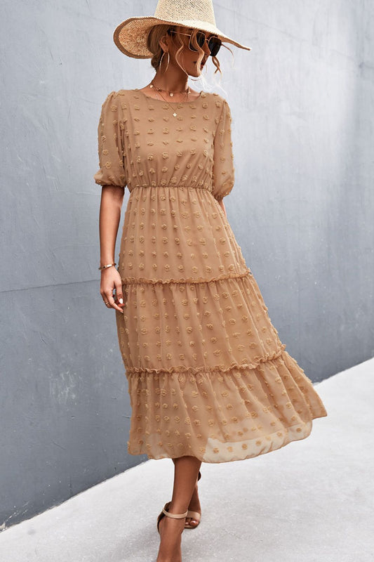 Swiss Dot Frill Trim Tiered Midi Dress (Belt Not Included)