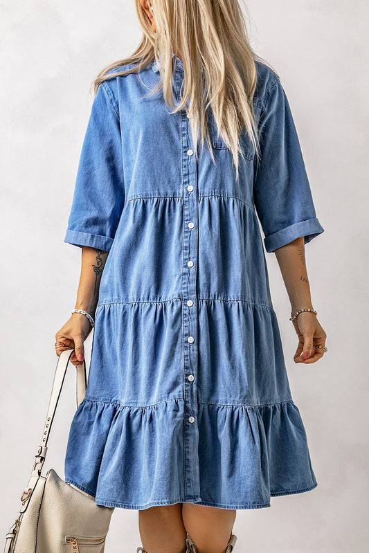 Button Front Ruffled Tiered Denim Shirt Dress