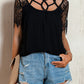 Strappy Neck Spliced Lace Eyelash Trim Blouse