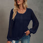 Waffle-Knit Lace Lantern Sleeve Henley Top