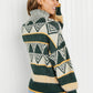 Davi & Dani Cozy Weather Full Size Geometric Fuzzy Turtleneck Sweater in Green