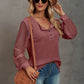 Waffle-Knit Lace Lantern Sleeve Henley Top