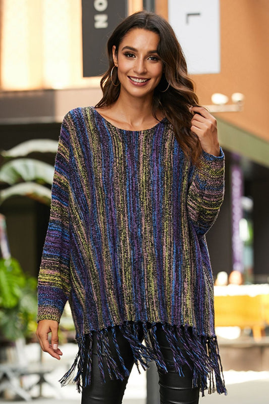 Striped Fringe Hem Round Neck Sweater
