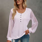 Waffle-Knit Lace Lantern Sleeve Henley Top