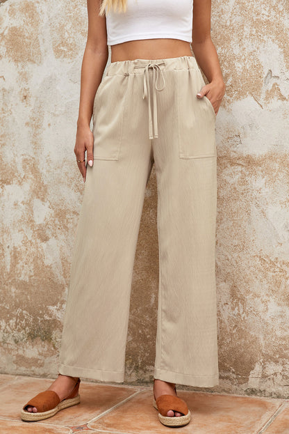 Drawstring Waist Crinkled Wide Leg Pants