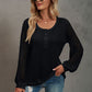 Waffle-Knit Lace Lantern Sleeve Henley Top