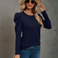 Waffle-Knit Puff Sleeve Round Neck Top
