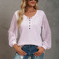 Waffle-Knit Lace Lantern Sleeve Henley Top