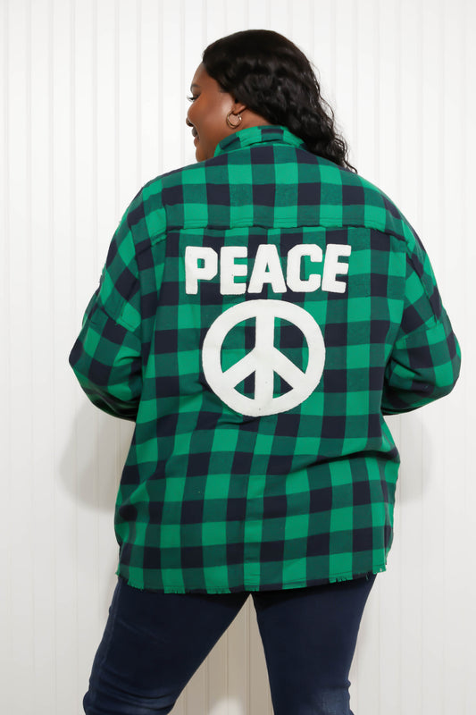 Davi & Dani Peace Sign Full Size Plaid Embroidered Patch Shacket