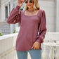 Waffle-Knit Puff Sleeve Square Neck Top