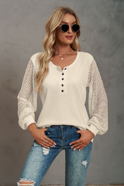 Waffle-Knit Lace Lantern Sleeve Henley Top