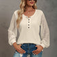Waffle-Knit Lace Lantern Sleeve Henley Top