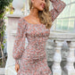 Ditsy Floral Ruched Ruffle Hem Square Neck Dress