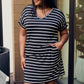 Zenana Full Size Striped V-Neck Pocket Dress in Black/Ivory