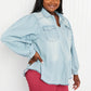 Davi & Dani Sitting Fireside Full Size Button Down Denim Shirt