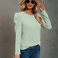 Waffle-Knit Puff Sleeve Round Neck Top