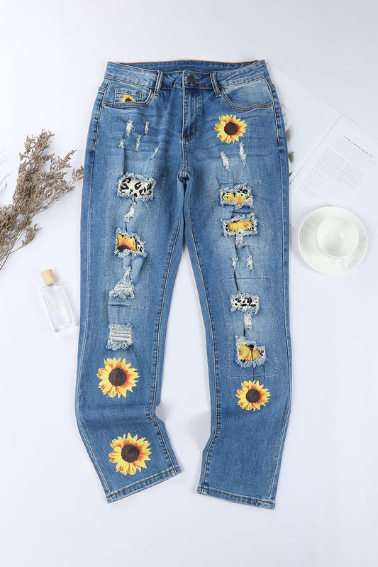 Sunflower Leopard Patchwork Distressed Jeans