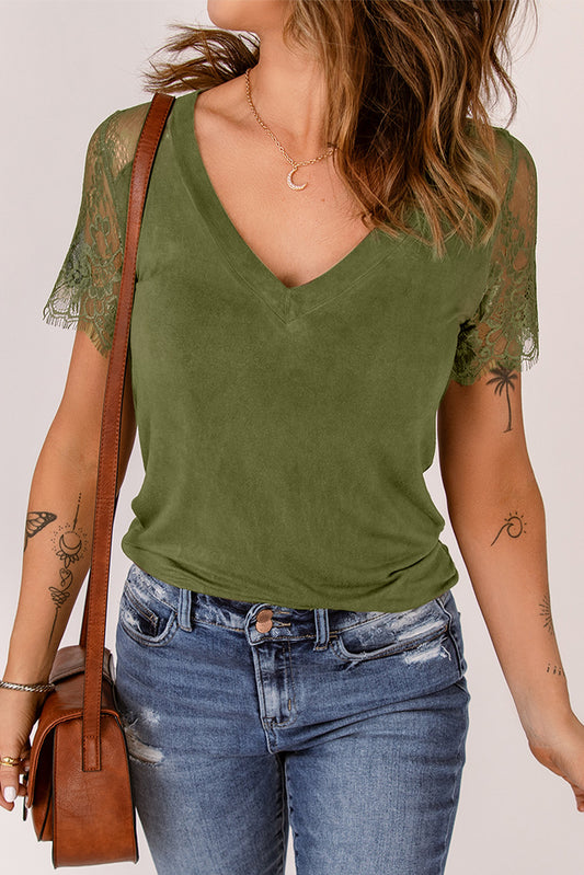 Spliced Lace V-Neck Tee Shirt
