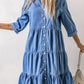 Button Front Ruffled Tiered Denim Shirt Dress