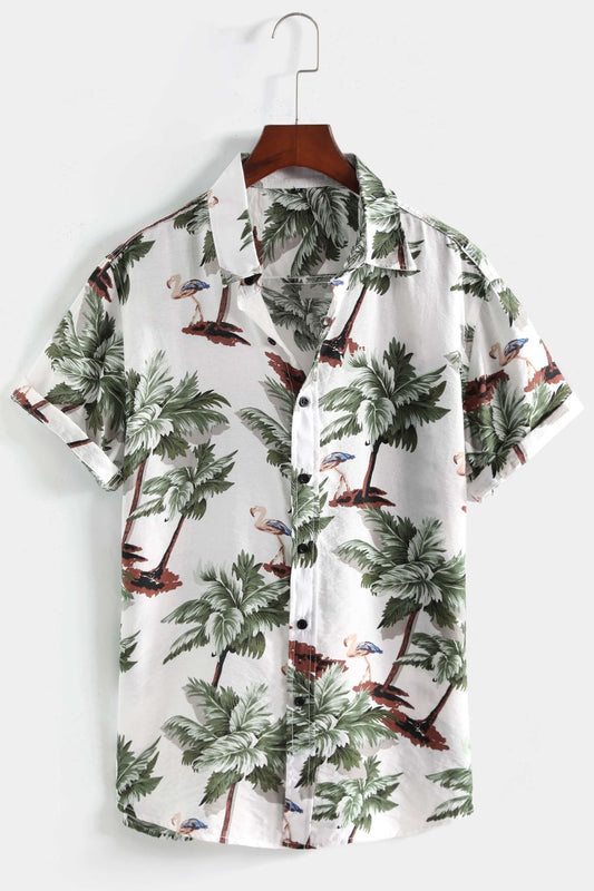 Tropical Print Button-Up Short Sleeve Shirt