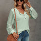 Waffle-Knit Lace Lantern Sleeve Henley Top