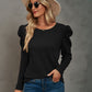 Waffle-Knit Puff Sleeve Round Neck Top