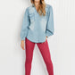 Davi & Dani Sitting Fireside Full Size Button Down Denim Shirt