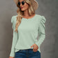 Waffle-Knit Puff Sleeve Round Neck Top