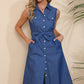 Button Front Belted Sleeveless Collared Shirt Dress
