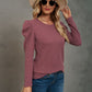 Waffle-Knit Puff Sleeve Round Neck Top