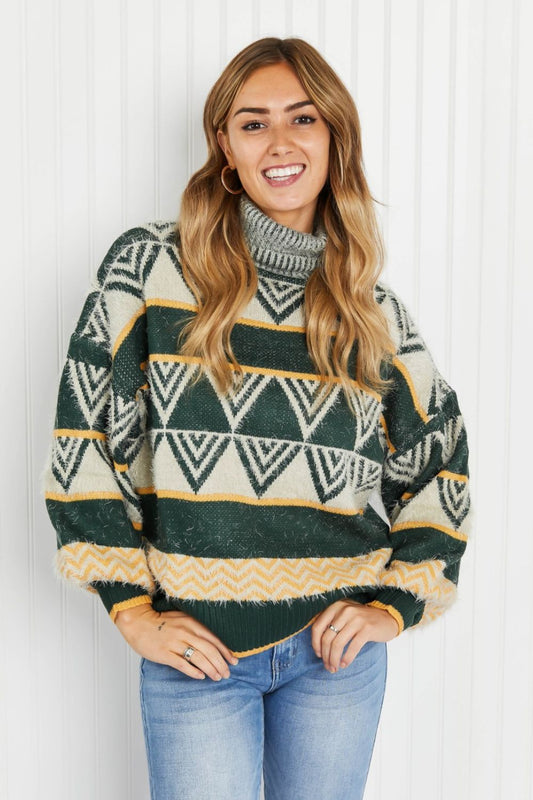 Davi & Dani Cozy Weather Full Size Geometric Fuzzy Turtleneck Sweater in Green