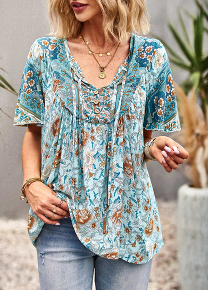 Floral Buttoned Tie Neck Blouse