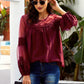 Tied Spliced Mesh Bubble Sleeve Blouse